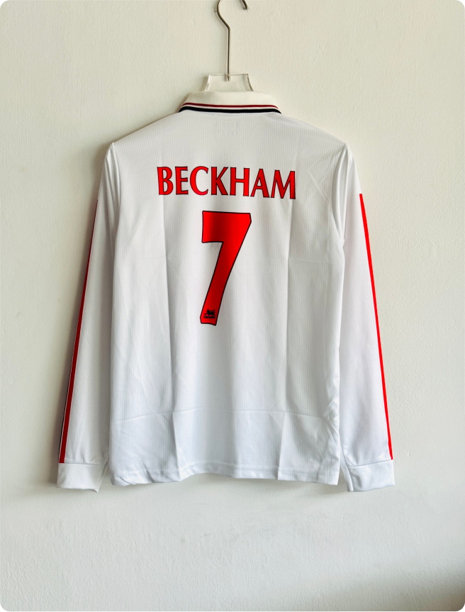 MANCHESTER UNITED 1998-99 WHITE KIT BECKHAM FULLSLEEVE POLO EMBROIDERY